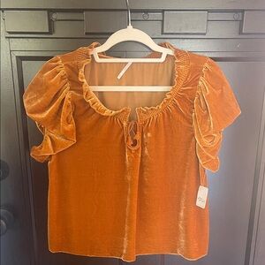 Free People Velvet Puff Sleeve Blouse in Orange